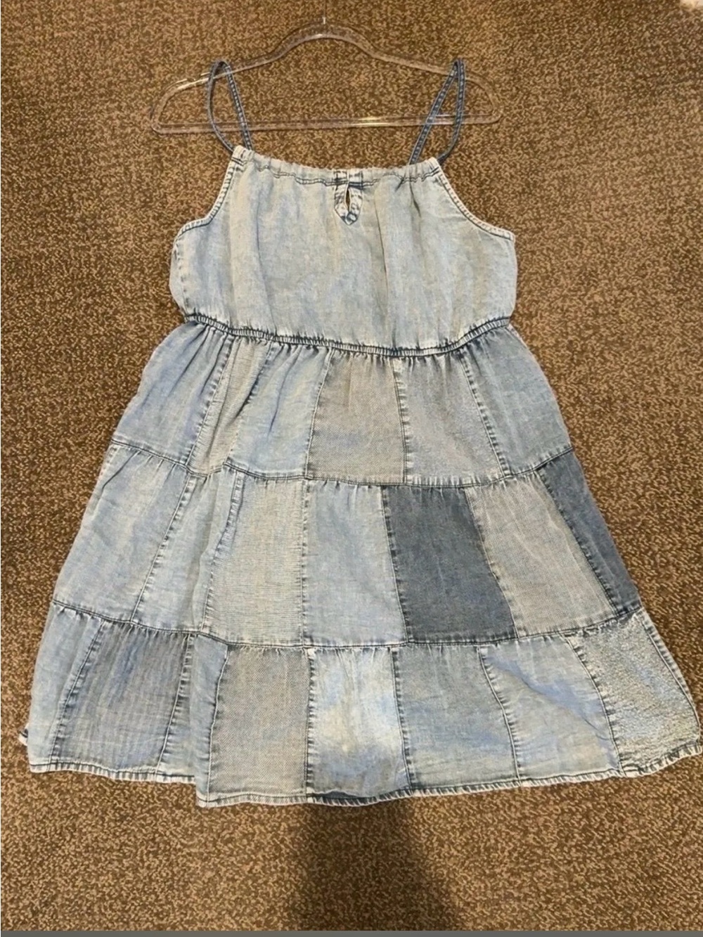 Young Threads Light Denim Patchwork Tiered Mini Dress - Picture 2 of 3